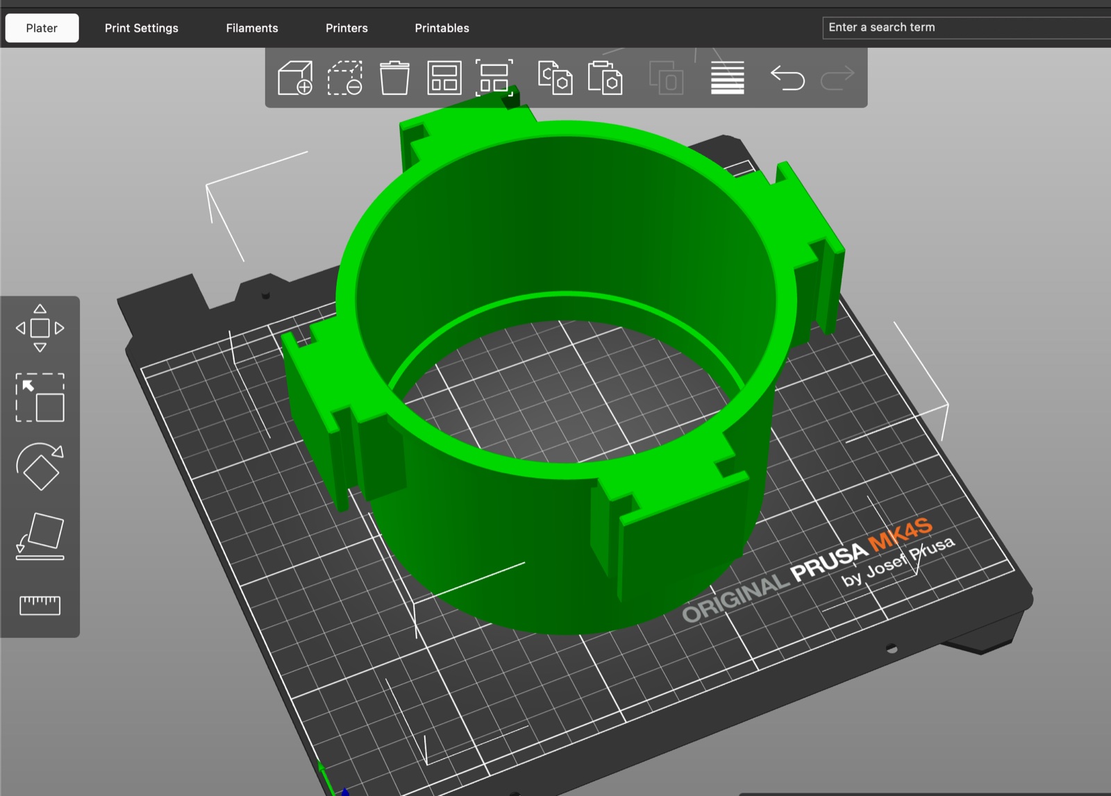PrusaSlicer preview of a green cylindrical EntoSieve component on a printer build plate